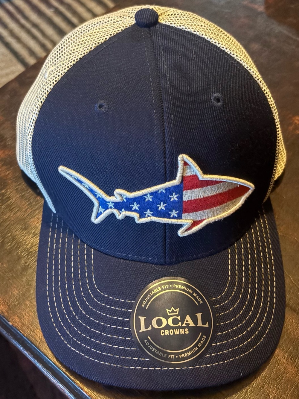 Men's Navy Trucker Cap with American Flag Shark Patch